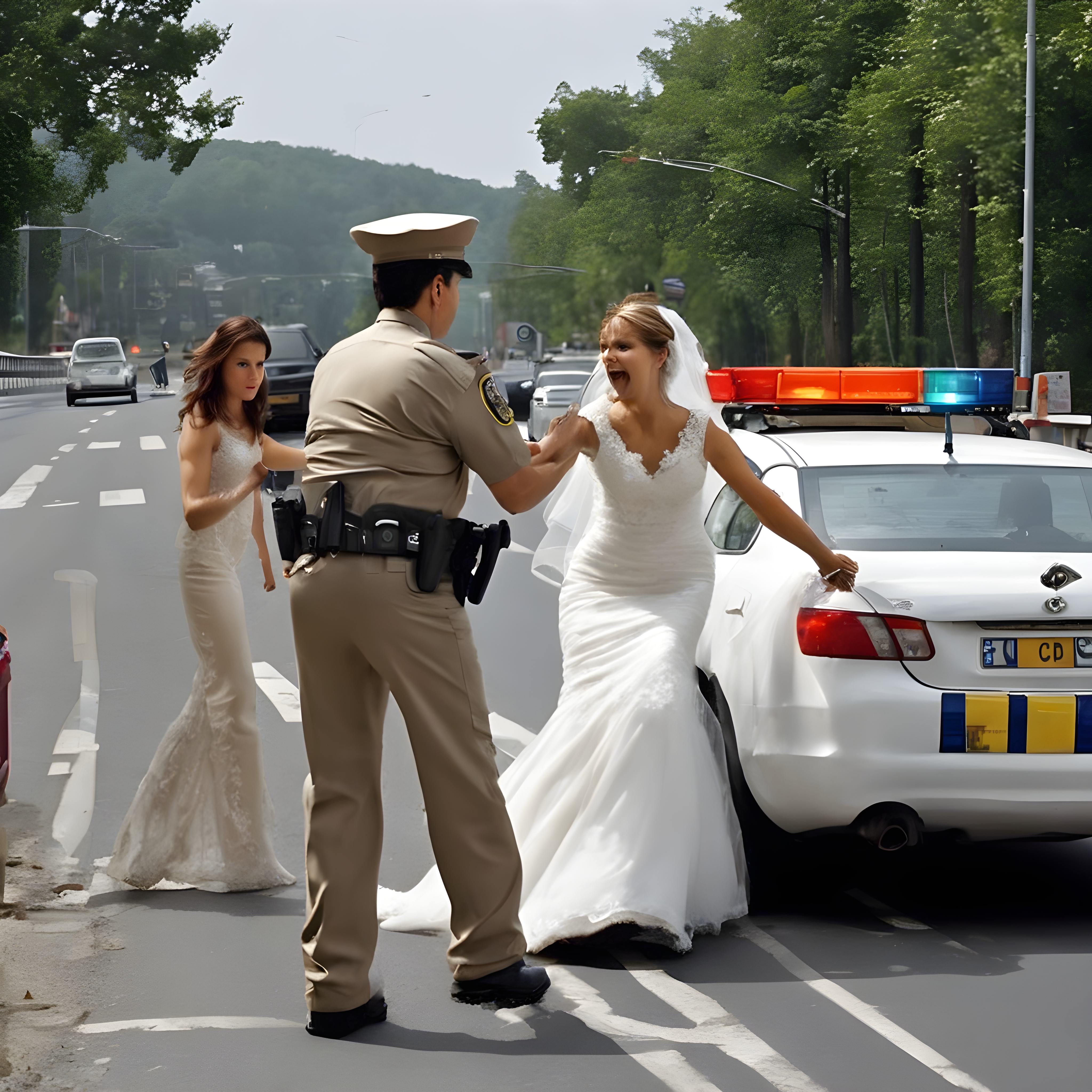 Nice traffic cop trying to stop a runaway bride.