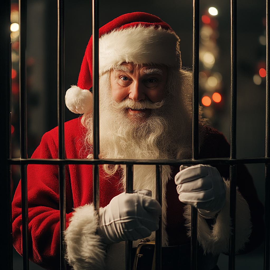 Santa Claus is being processed for arrest by police.