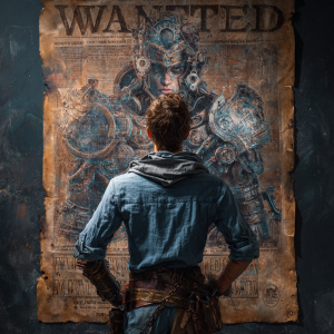 Futuristic warrior looking at a “wanted” poster.