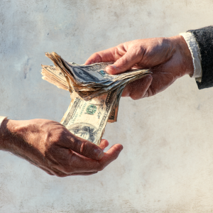 Hand returning cash to another hand.
