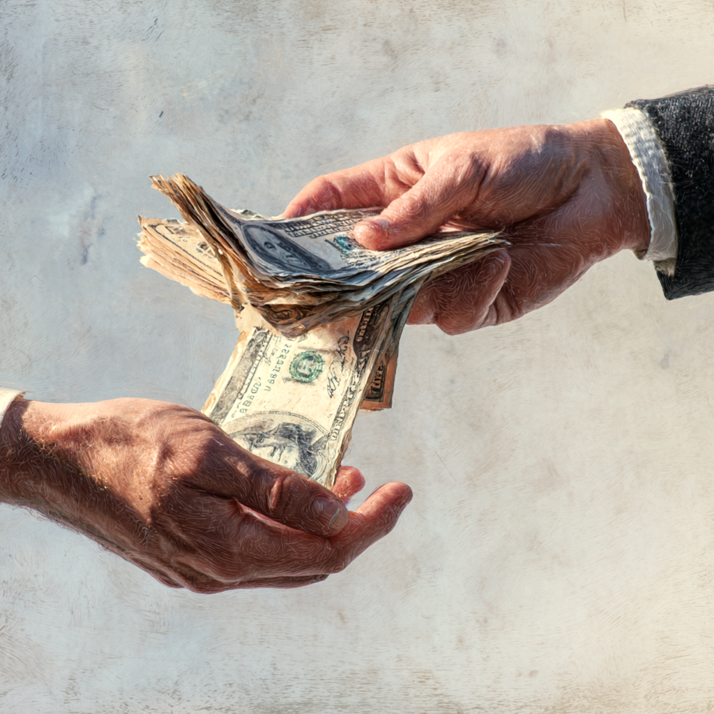 Hand returning cash to another hand.