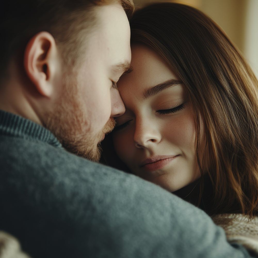 bearded red-haired man in a tender hug with pretty brunette woman