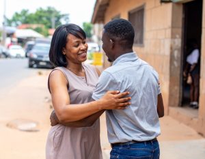 Son greets mom after getting out of jail.