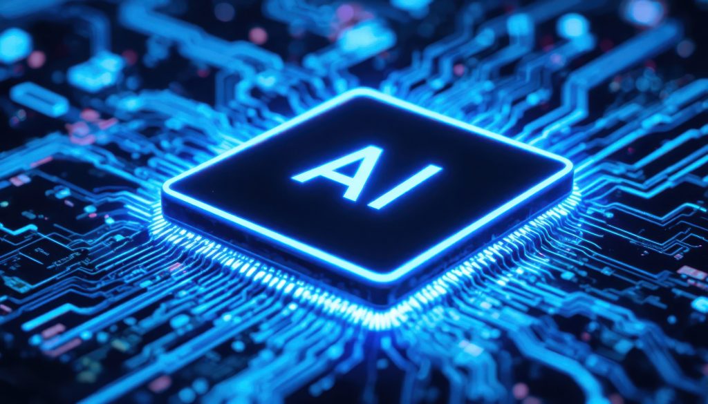A glowing AI symbol stands out on a circuit board illuminated by blue light in a modern technology environment